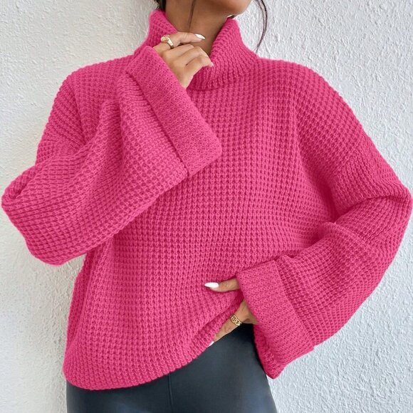 Hot Pink Casual Women's Loose Fit Turtleneck Drop Shoulder Sweater - Picture 6 of 6